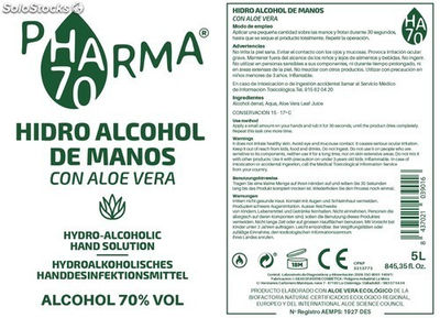 HA70 pharma hydro alcool bouteille à main d&amp;#39;aloe vera avec carafe 5 litres - Photo 2