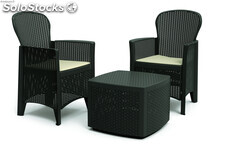 Innen-/Außenset 2 Sessel 1 kleiner Tisch Modellbaum mit anthrazitfarbenen Kissen