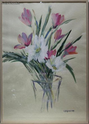 Jarron con flores | Pinturas de flores en acrílico sobre papel
