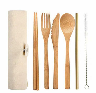Juego de cubiertos cuchara de bambú cuchillo reutilizable picnic tenedor - Foto 5