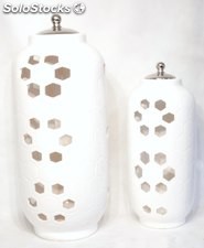 Juego tarros decorativo de cerámica blanco con tapa plata