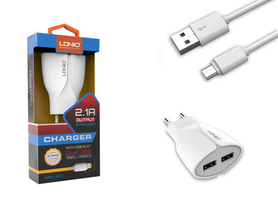Kit 2 en 1 blanc chargeur secteur 2.1A et câble de chargement micro USB