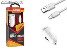 Kit 2 en 1 blanc chargeur voiture 1A et câble de chargement micro USB