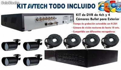 Kit cctv dvr AVtech 4ch. y 4 Cámaras Bullet para Exterior con internet