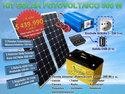 Kit Solar Fotovoltaico ~220 V - 300 W + Cargador USB