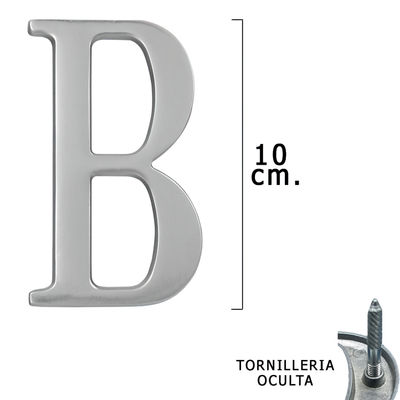 Letra Metal &quot;B&quot; Plateada Mate 10 cm. con Tornilleria Oculta (Blister 1 Pieza)