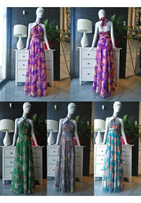 long dress with print tied to the neck J