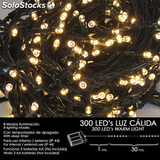 Luces Navidad A Pilas 300 Leds Luz Calida Interior / Exterior (IP44)
