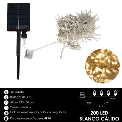 Luces Navidad Solar 200 Leds Luz Calida. Bateria Recargable Uso en Exteriores /