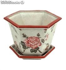 Macetero alto + plato 19cm - Rosa | porcelana decorada en porcelana