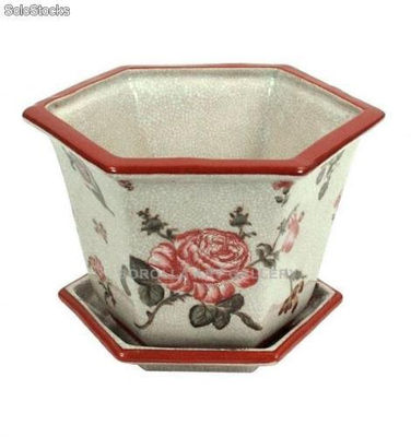 Macetero alto + plato 19cm - Rosa | porcelana decorada en porcelana