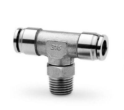 Male branch T threaded fitting for compressed air hydraulic stainless steel