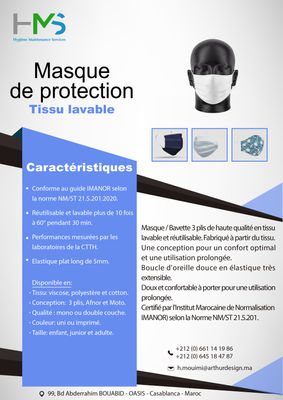 Masque / Bavette de protection tissu lavable Certifié IMANOR - 3 PLIS MC
