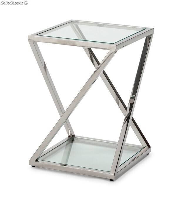 Mesa auxiliar cristales templados, acero cromado de 55 x 55 x 60 cms