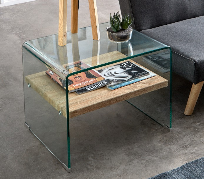 Mesa de centro realizada en cristal templado de 12 mm con estante de madera  con cajón