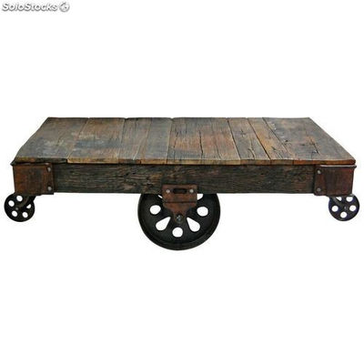 Mesa baixa estilo industrial em madeira com detalhes de tiras de aço e rodas - Foto 4