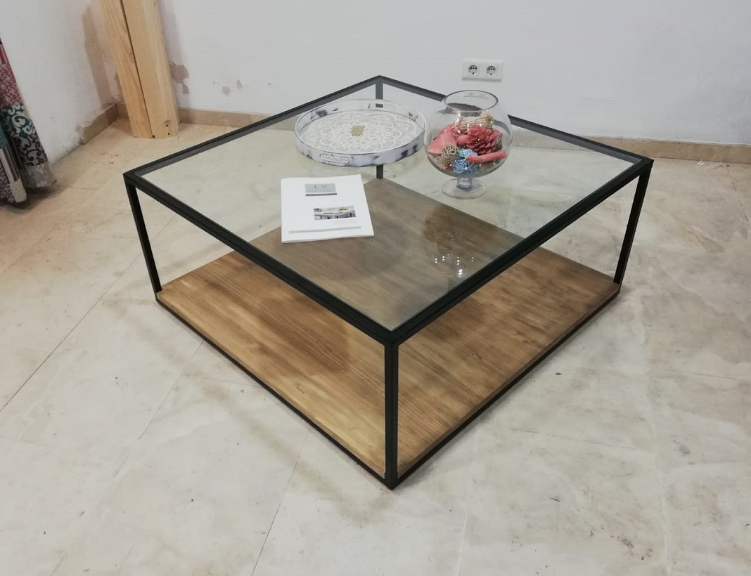 Mesa centro cristal transparente cuadrada con revistero - Mesa cristal