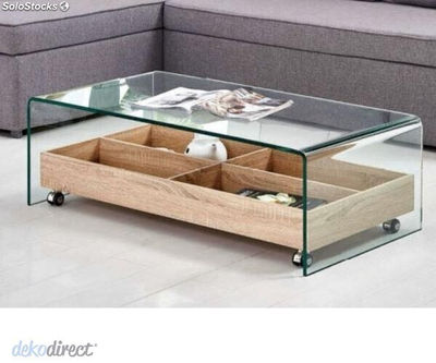 Mesa cristal templado y cajonera madera con ruedas Arian