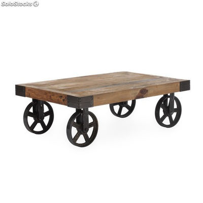Mesa de apoio de madeira com rodas de ferro