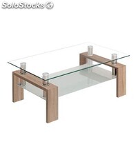 Mesa De Centro Kendra De Cristal Con Revistero Y Patas En Metal Y Madera De