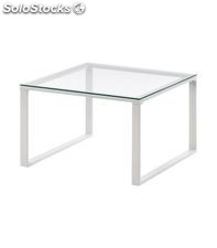 Mesa de centro quadrada em metal branco com tampo de vidro