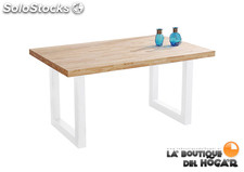 Mesa de comedor fija blanca con patas metálicas y tablero de Roble Modelo Loft