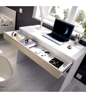 Mesa escritorio Sam con cajón acabado en Blanco y Natural 74.2 cm(alto) x 89.5 - Foto 3