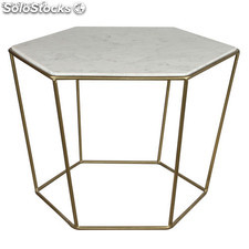 Mesa estilo vintage com estructura de aço e tampo de mármore branco.
