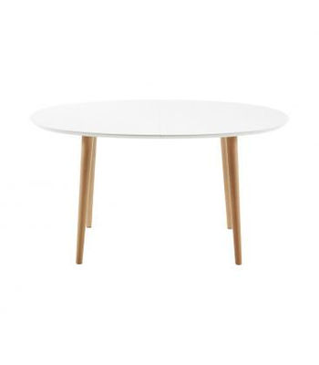 mesa oval extensível com um mate branco lacado mdf. pés em faia natural