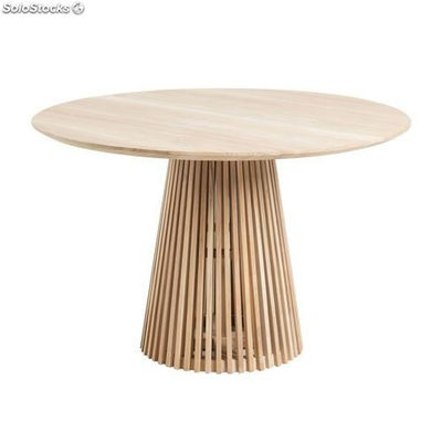 Mesa redonda estilo nórdico fabricada em madeira maciça de teca natural.