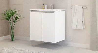 Meuble suspendu ECO 60X45X65cm Blanc 2 portes+vasque en céramique+miroir lisse