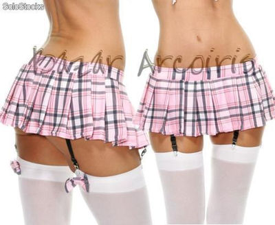 Minifalda escocesa con ligueros y medias f-841