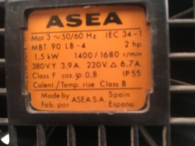 Motor asea MBT90LB-4 - 1.5KW 1400/1680 r/min 380VY 3,9 a 220 v 6,7 a - Foto 3