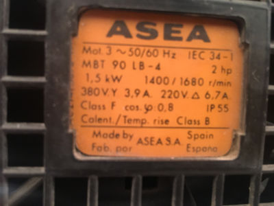 Motor asea MBT90LB-4 - 1.5KW 1400/1680 r/min 380VY 3,9 a 220 v 6,7 a - Foto 4