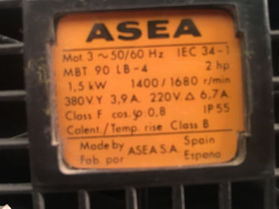 Motor asea MBT90LB-4 - 1.5KW 1400/1680 r/min 380VY 3,9 a 220 v 6,7 a - Foto 5