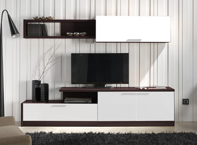 Mueble de salón comedor color wengué y blanco. Conjunto modular TV multimedia