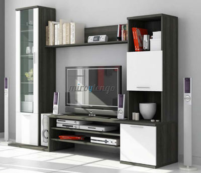 Mueble de salon comedor TV modular color gris ceniza y blanco. Conjunto completo