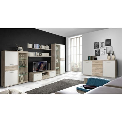 Mueble salón en color roble arena y blanco de 350 cm de ancho y 200 cm de alto.