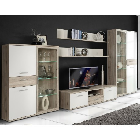 Mueble de Salón modelo Niza Color Roble Arena y Blanco, Medidas: 300x 200 x  41/39 cm