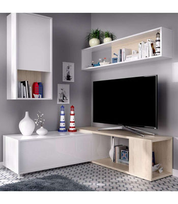 Mueble salón Escañuela flexible en blanco brillo/natural - Foto 4