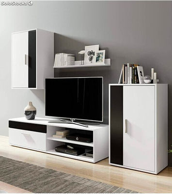 Mueble Salón Modular Bosco Mueble Tv + 2 Vitrinas + Estante En Color Blanco Y