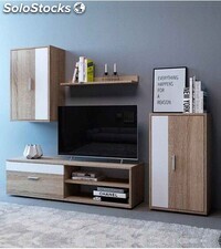 Mueble Salón Modular Bosco Mueble Tv + 2 Vitrinas + Estante En Color Roble Y