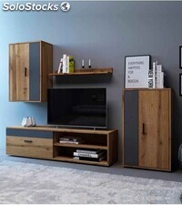 Mueble Salón Modular Bosco Mueble Tv + 2 Vitrinas + Estante En Color roble Y