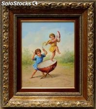 Niños con tambor | Pinturas de escenas de costumbre en óleo sobre tabla