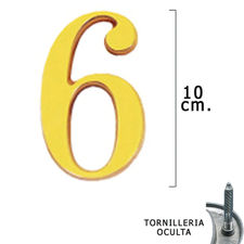 Numero Latón &quot;6&quot; 10 cm. con Tornilleria Oculta (Blister 1 Pieza)