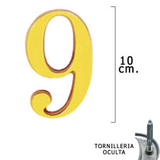 Numero Latón &quot;9&quot; 10 cm. con Tornilleria Oculta (Blister 1 Pieza)