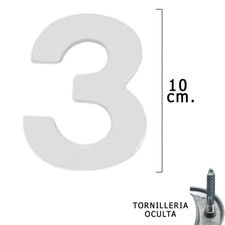 Numero Metal &quot;3&quot; Plateado Mate 10 cm. con Tornilleria Oculta (Blister 1 Pieza)