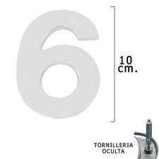 Numero Metal &quot;6&quot; Plateado Mate 10 cm. con Tornilleria Oculta (Blister 1 Pieza)
