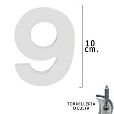 Numero Metal &quot;9&quot; Plateado Mate 10 cm. con Tornilleria Oculta (Blister 1 Pieza)