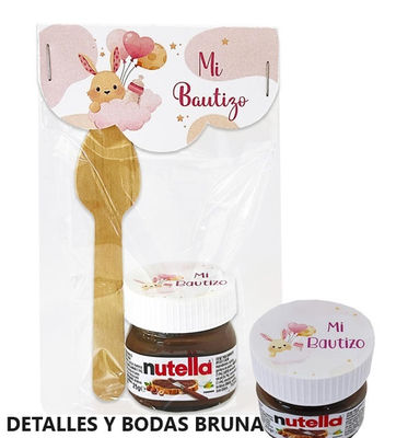 Nutella Miniatura en celofan con cierre y Cuchara de Madera Bautizo